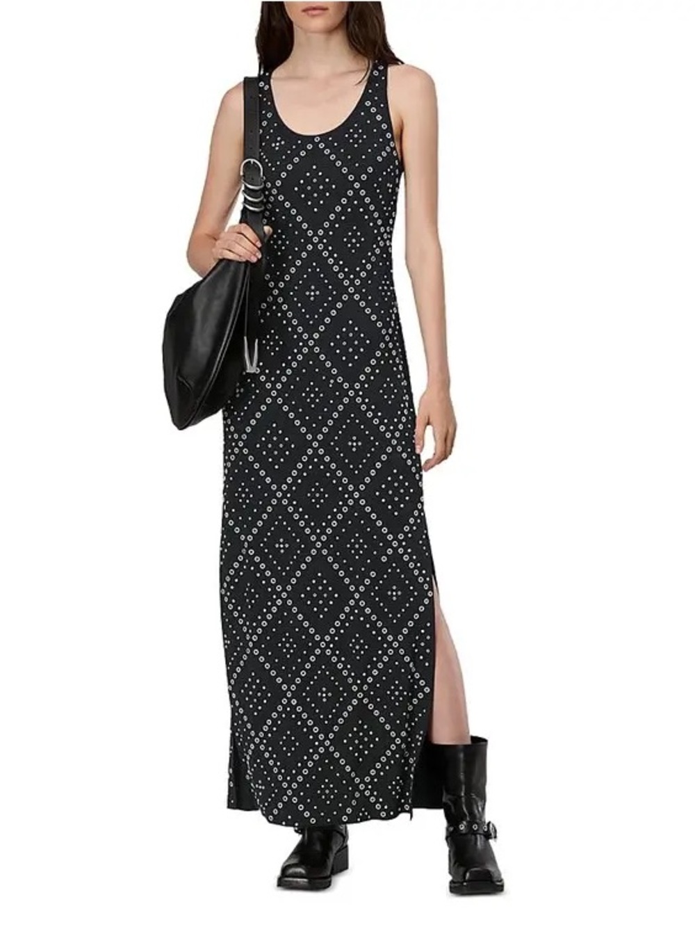 Rag & Bone Priscilla Studded Maxi Dress Black Silver Grommet Scoop Neck M XL